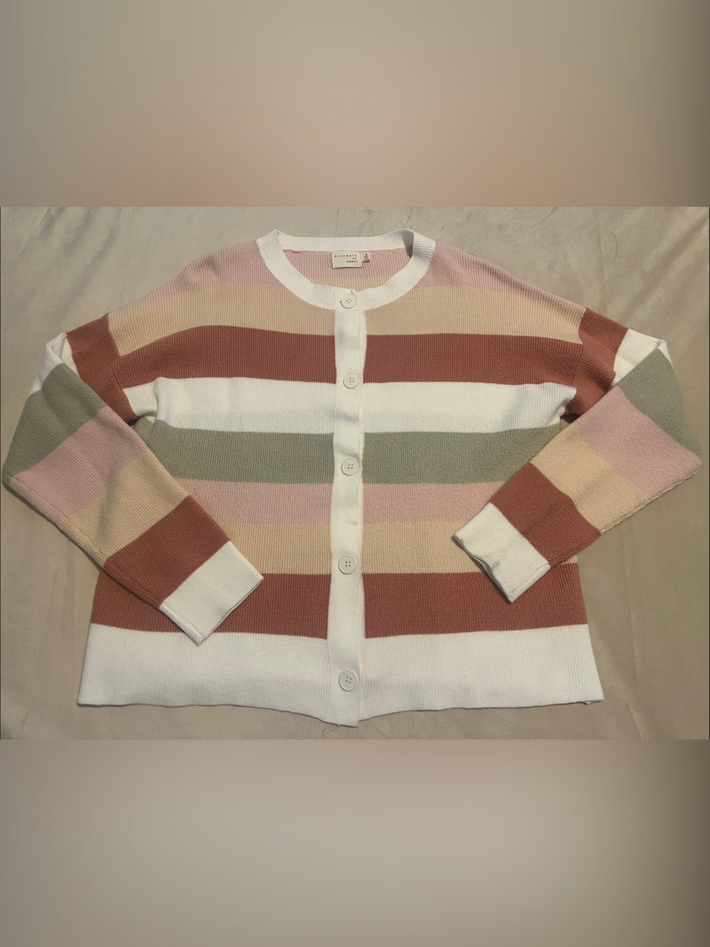 Striped Button-Front Cardigan in White, Pink, Rust & Sage